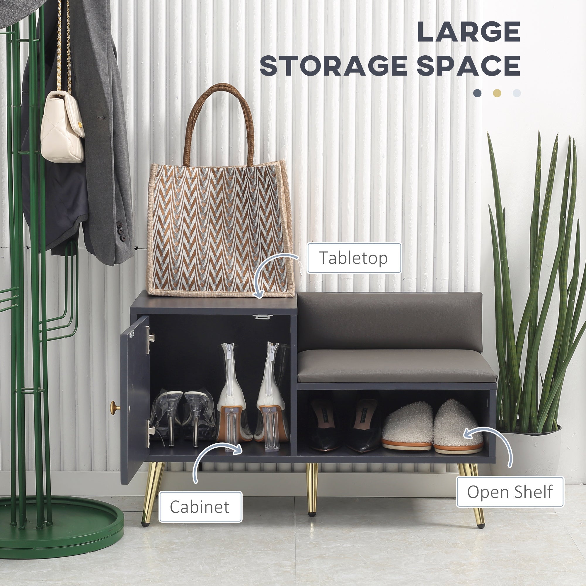 Shoe Bench with Storage, Shoe Cabinet with Seating Cushion, Open Compartment and Table Top for Entryway, Hallway, Grey-3