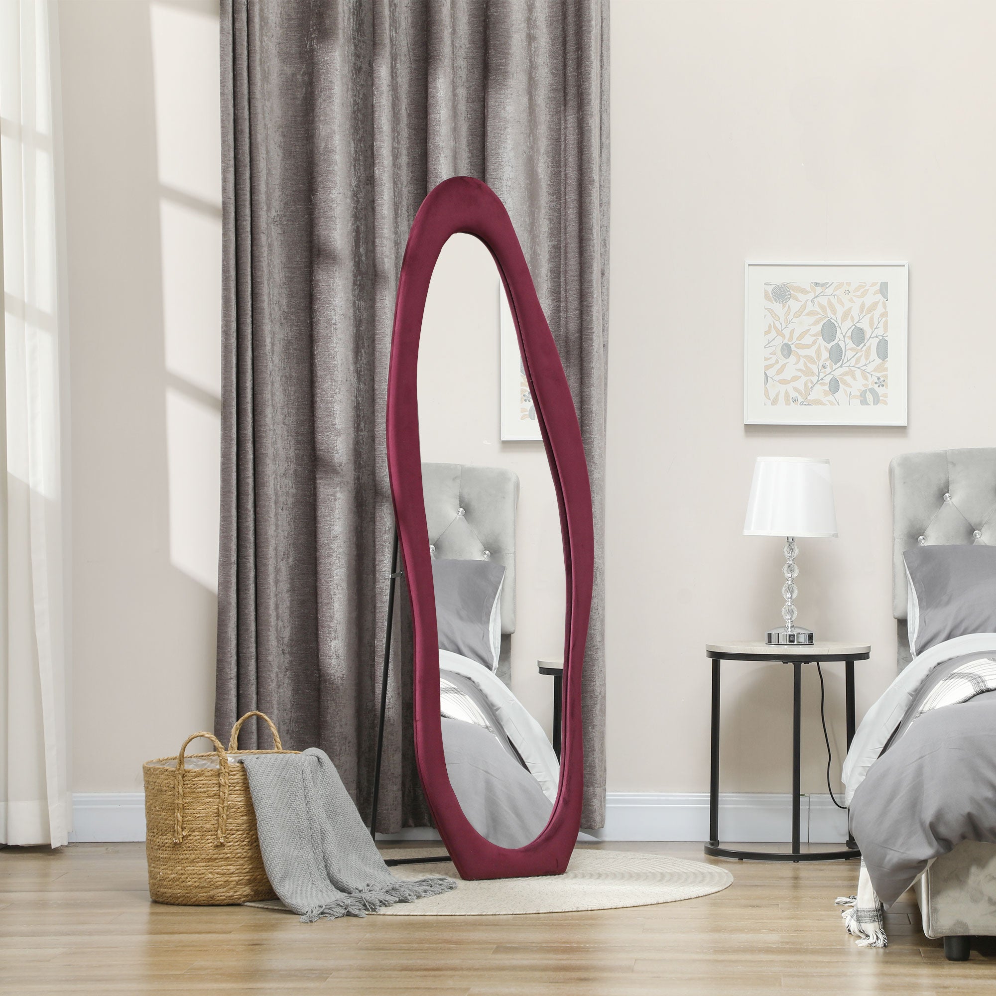Wavy Velvet-Feel Full Length Mirror - Wine Red-1