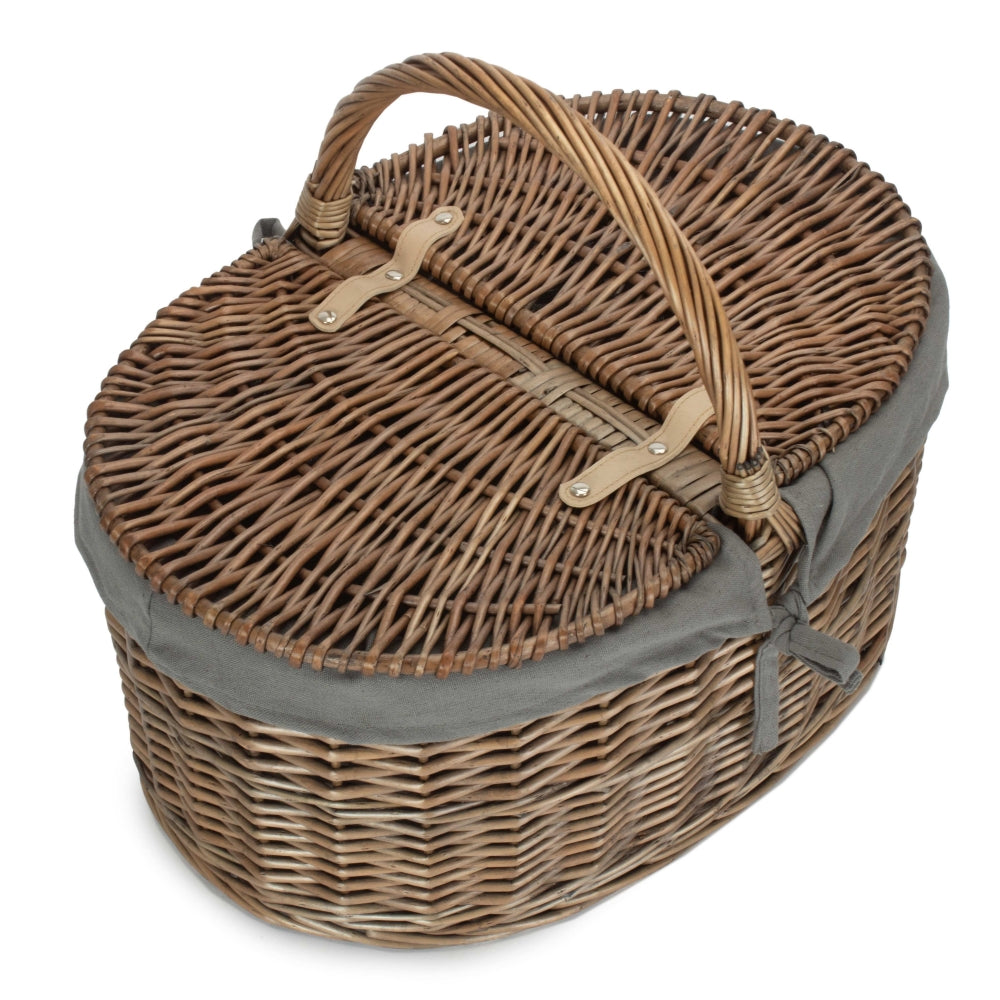 Deep Antique Wash Oval Wicker Picnic Basket-4