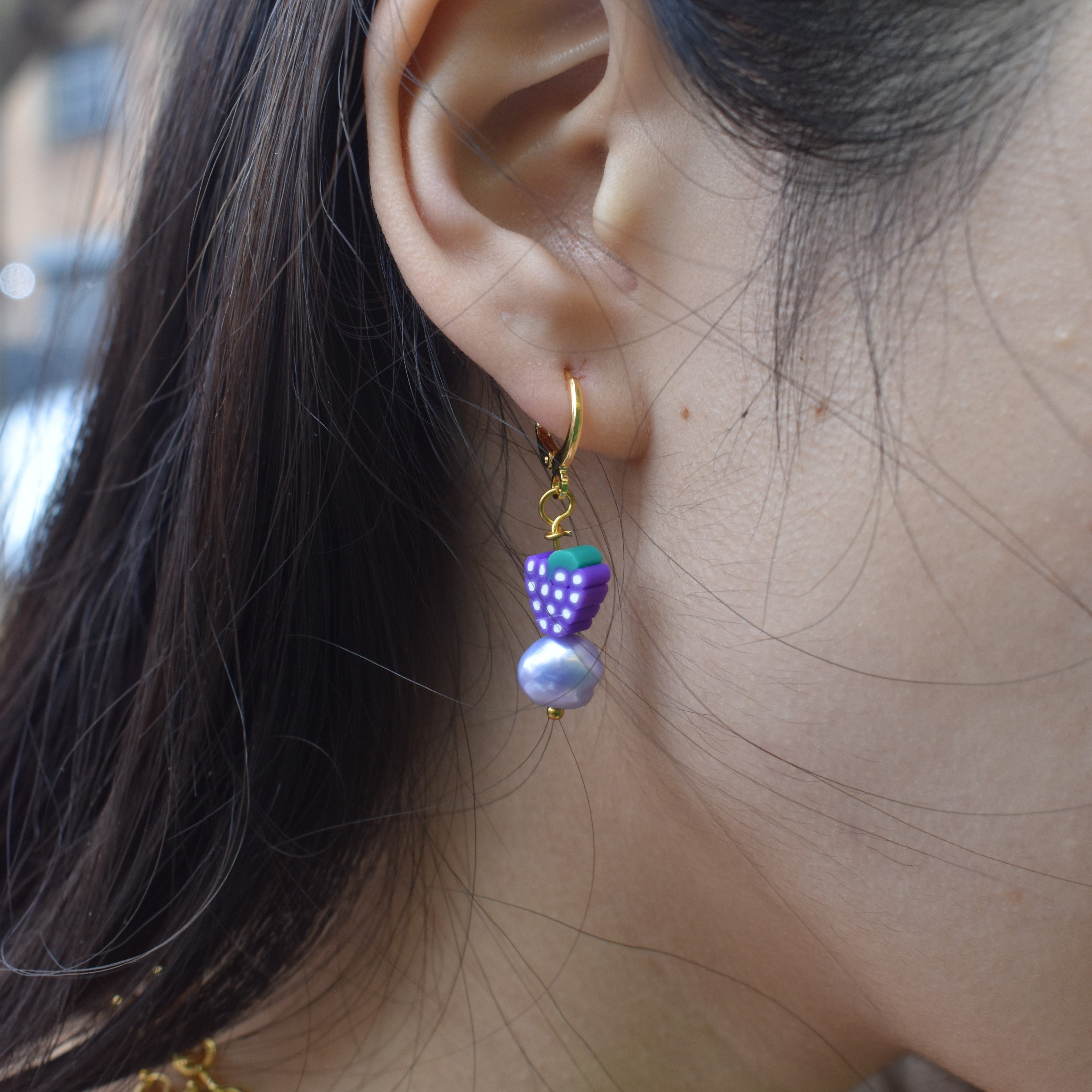 Purple freshwater pearl with grapes huggie earrings | by Ifemi Jewels-1