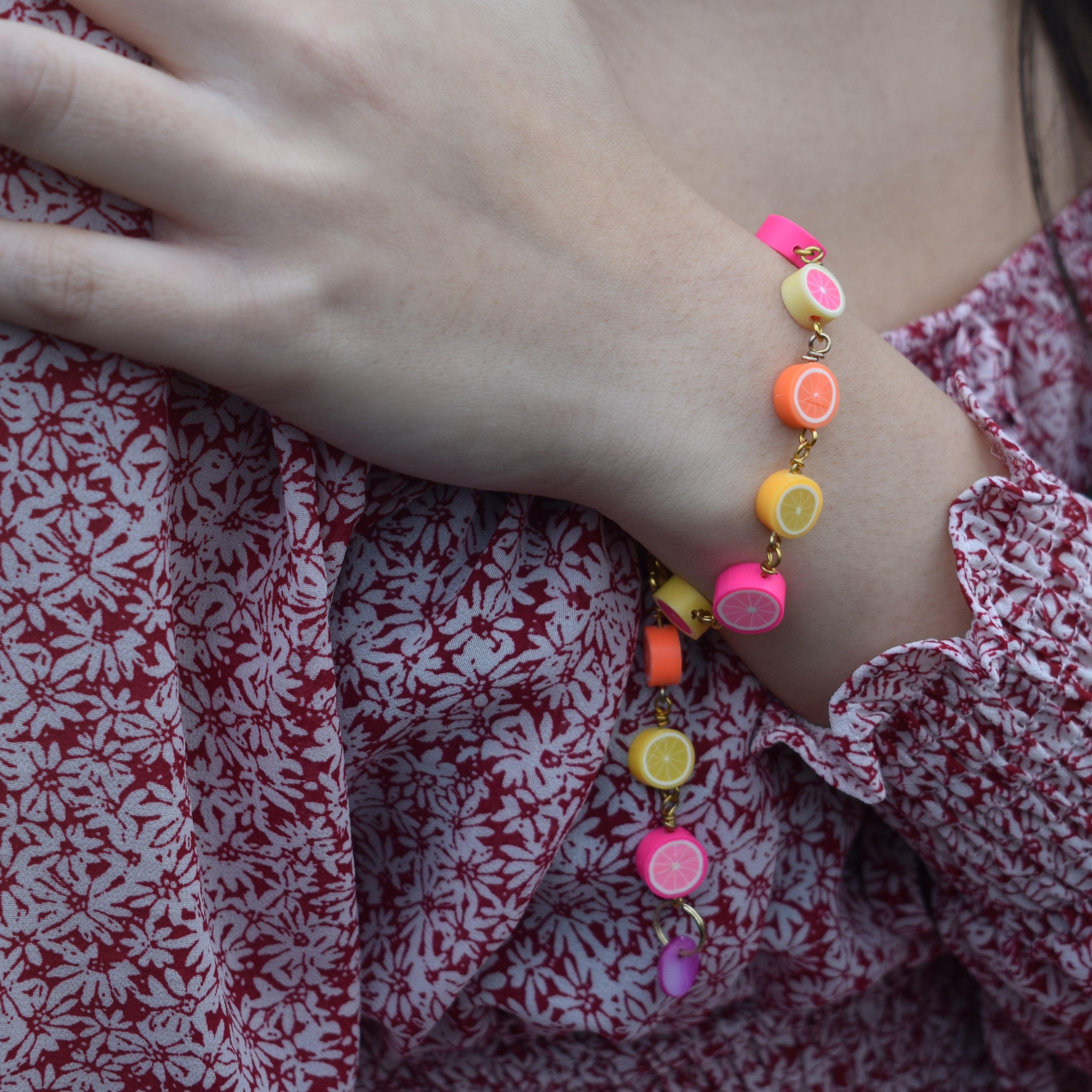 Citrus Bracelet, Lemon Orange Pink Grapefruit Charm Bracelet, Beaded Bracelet | by Ifemi Jewels-3