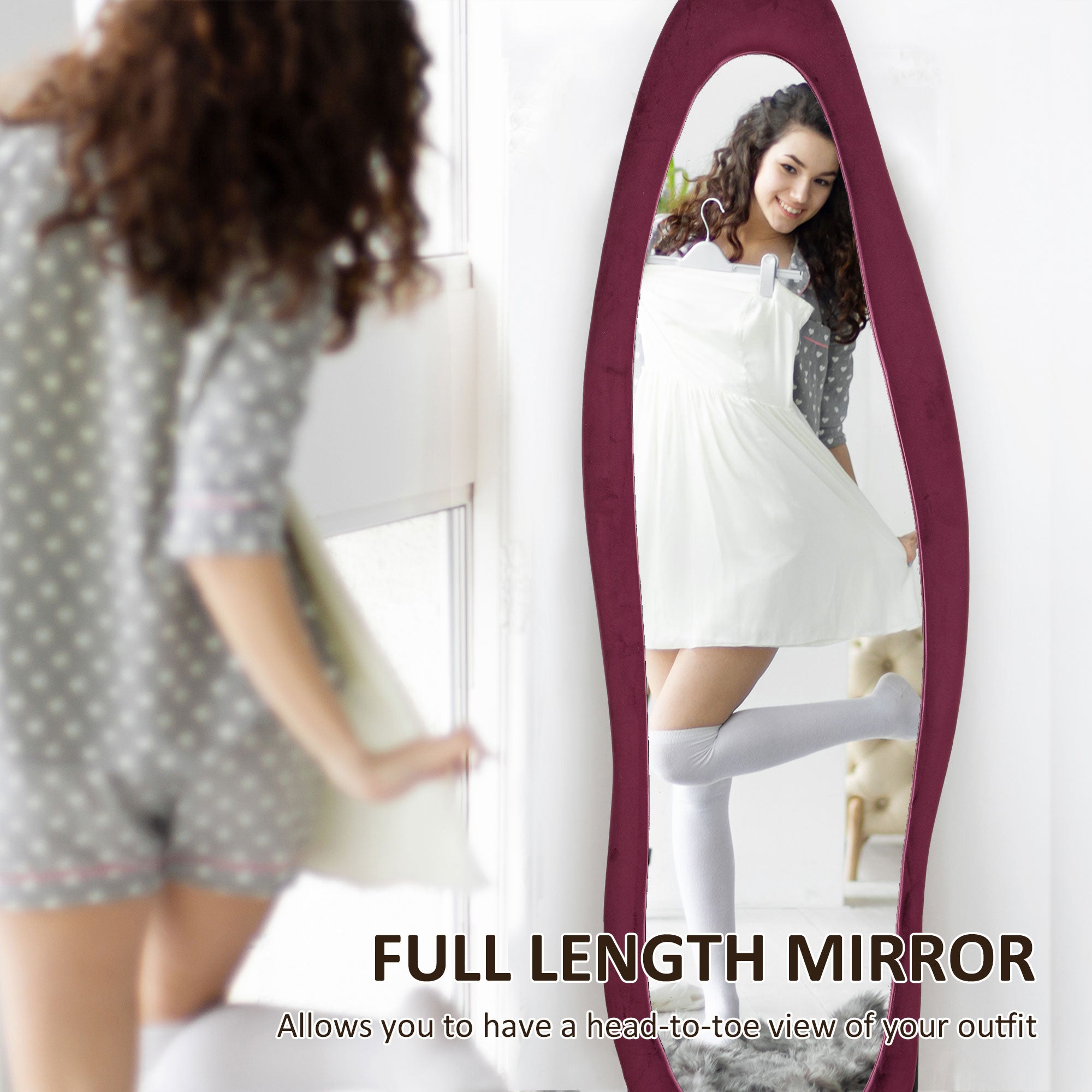 Wavy Velvet-Feel Full Length Mirror - Wine Red-3