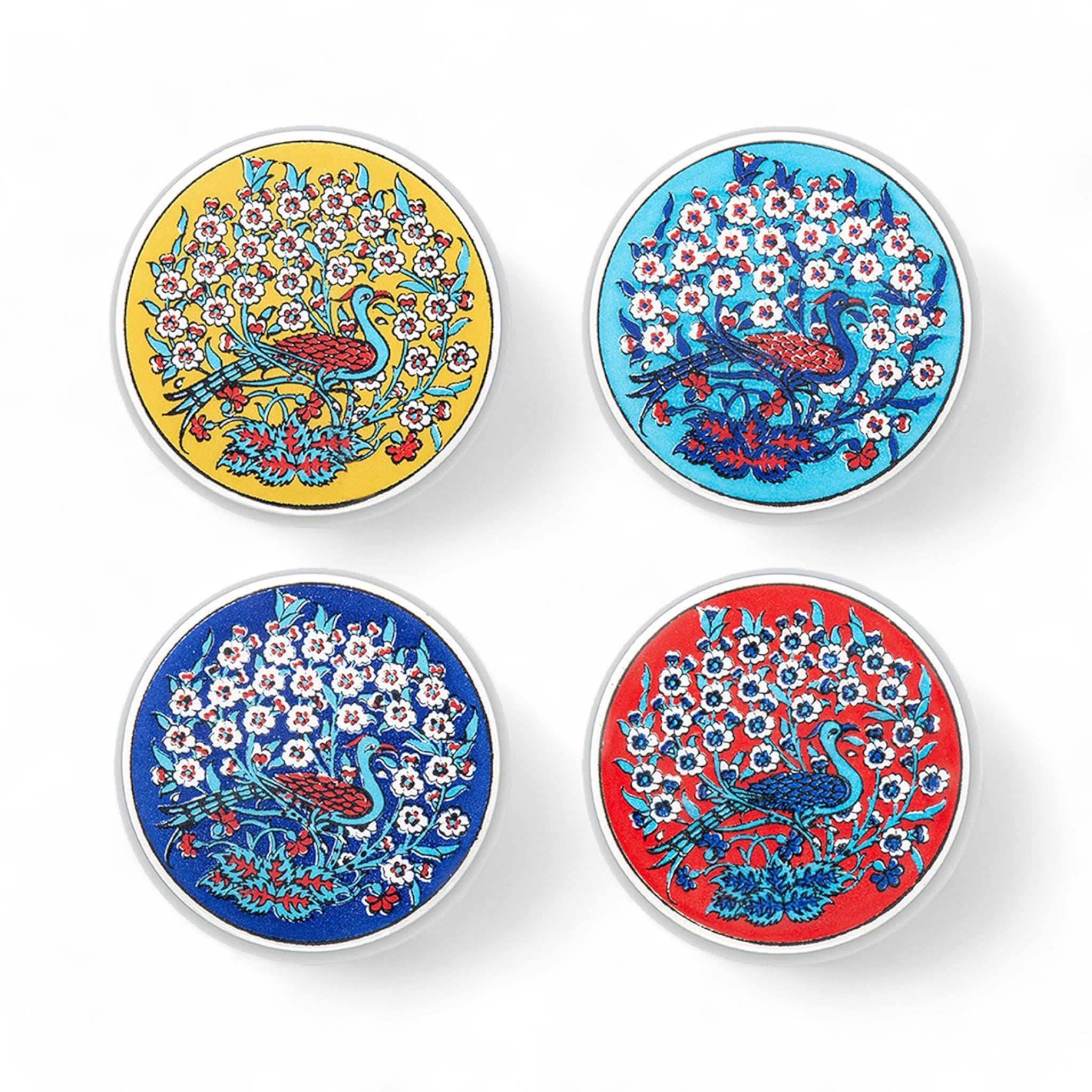 Set of 4 Ceramic Coasters – Iznik, Peacock Quartet – 10cm-0
