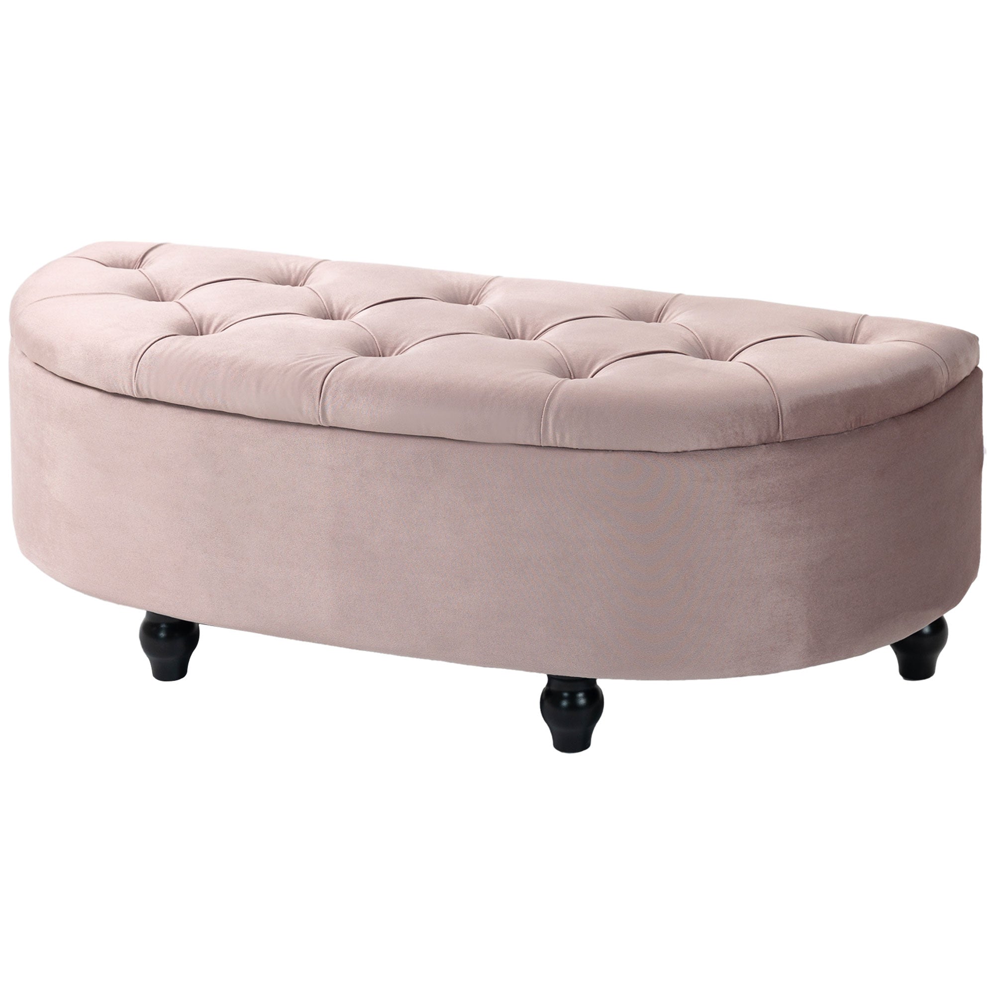 Semi-Circle Bed End Bench Ottoman with Storage Tufted Upholstered Accent Seat Footrest Stool with Rubberwood Legs for Bedroom & Entryway, Pink-0