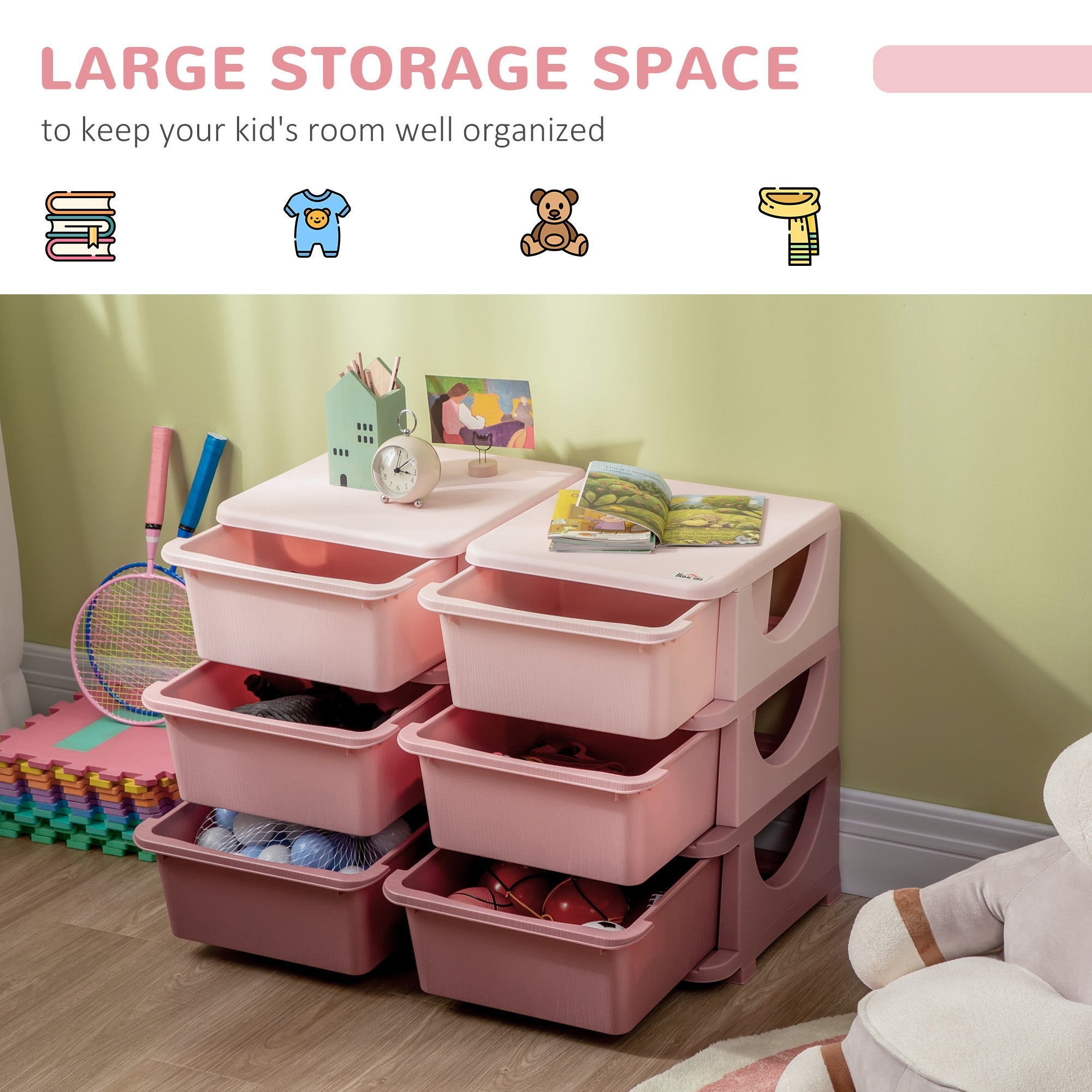 Kids Storage Units with 6 Drawers, 3 Tier Kids Toy Storage Organizer, Vertical Dresser Tower for Nursery Playroom Kindergarten, Pink-3