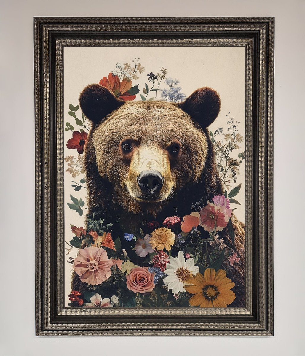 Brown Bear Floral Framed Print