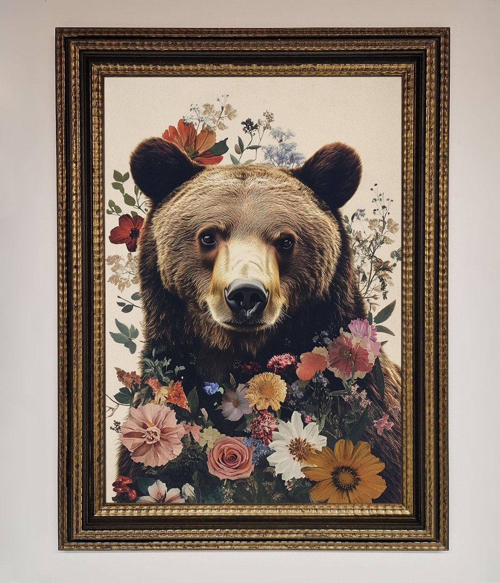 Brown Bear Floral Framed Print