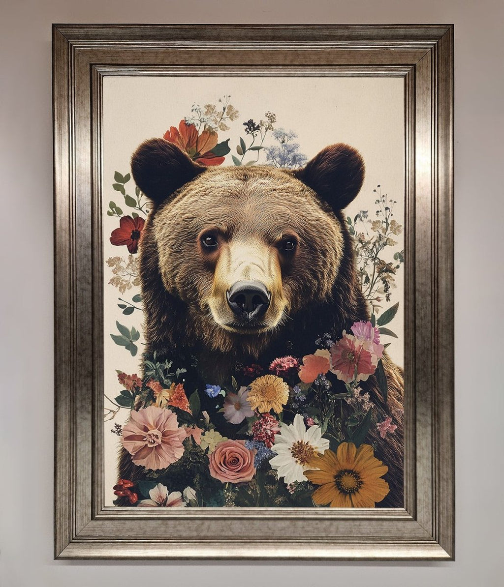 Brown Bear Floral Framed Print