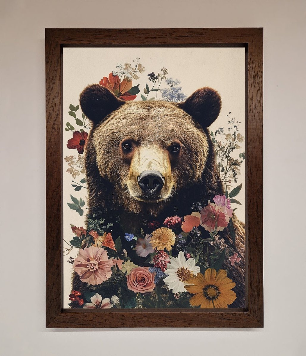 Brown Bear Floral Framed Print