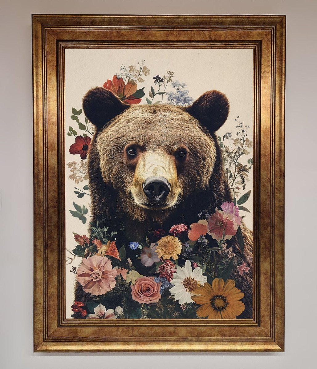 Brown Bear Floral Framed Print