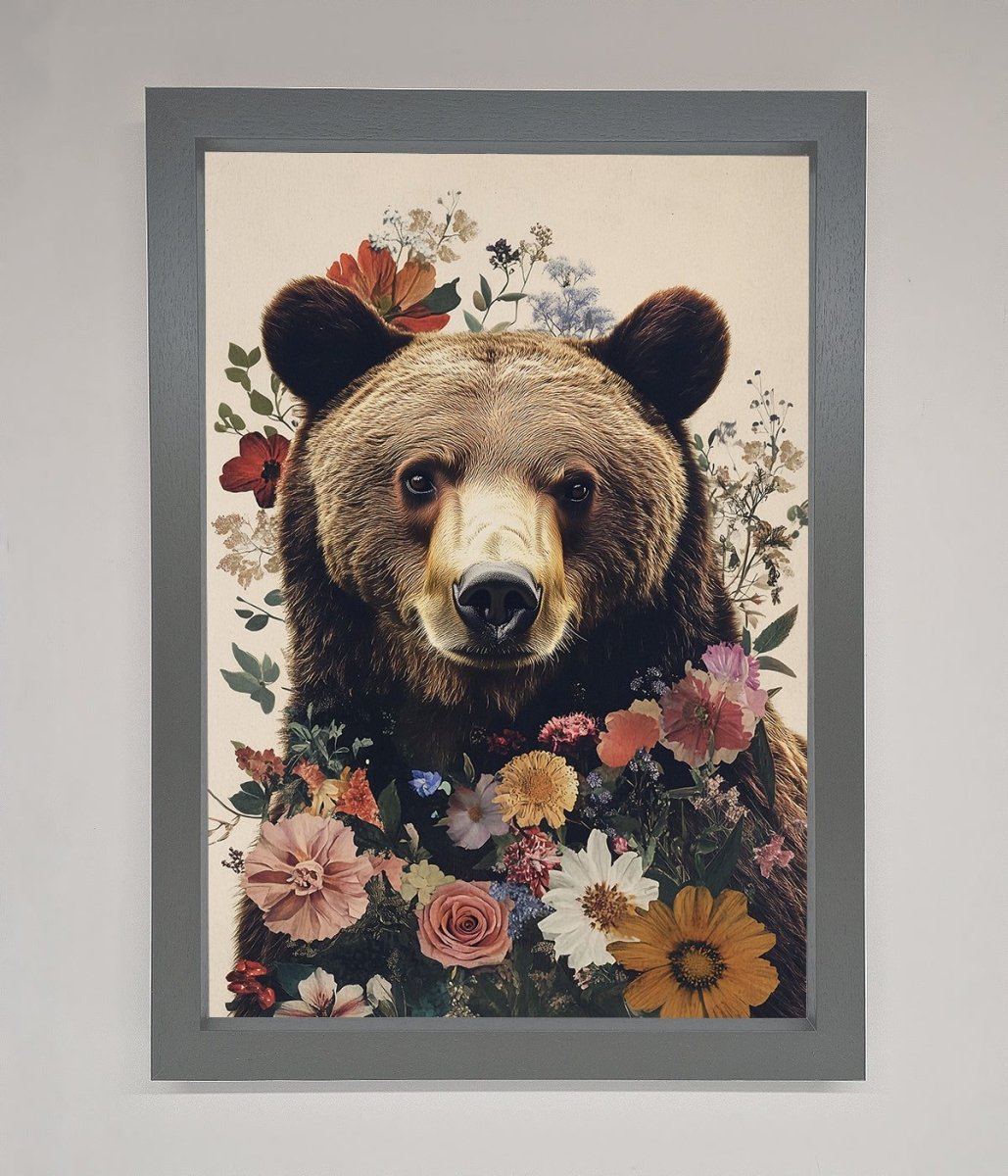 Brown Bear Floral Framed Print