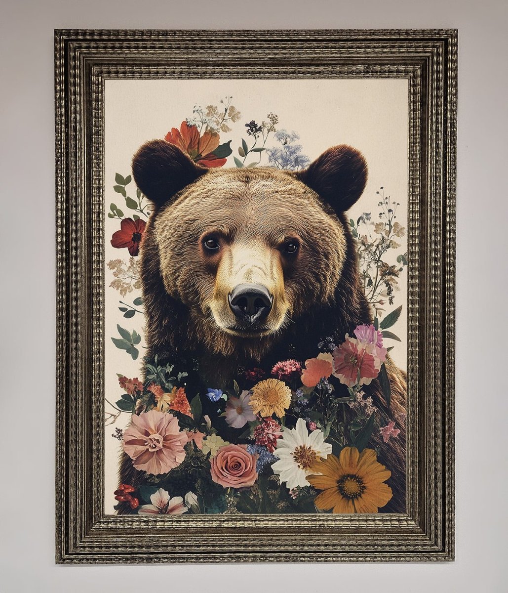 Brown Bear Floral Framed Print