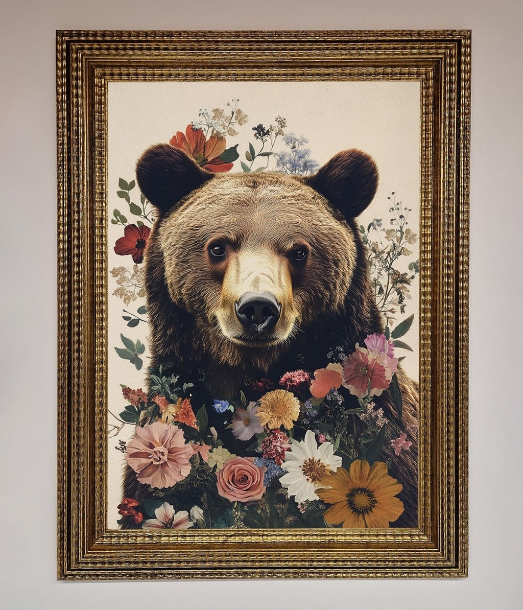Brown Bear Floral Framed Print