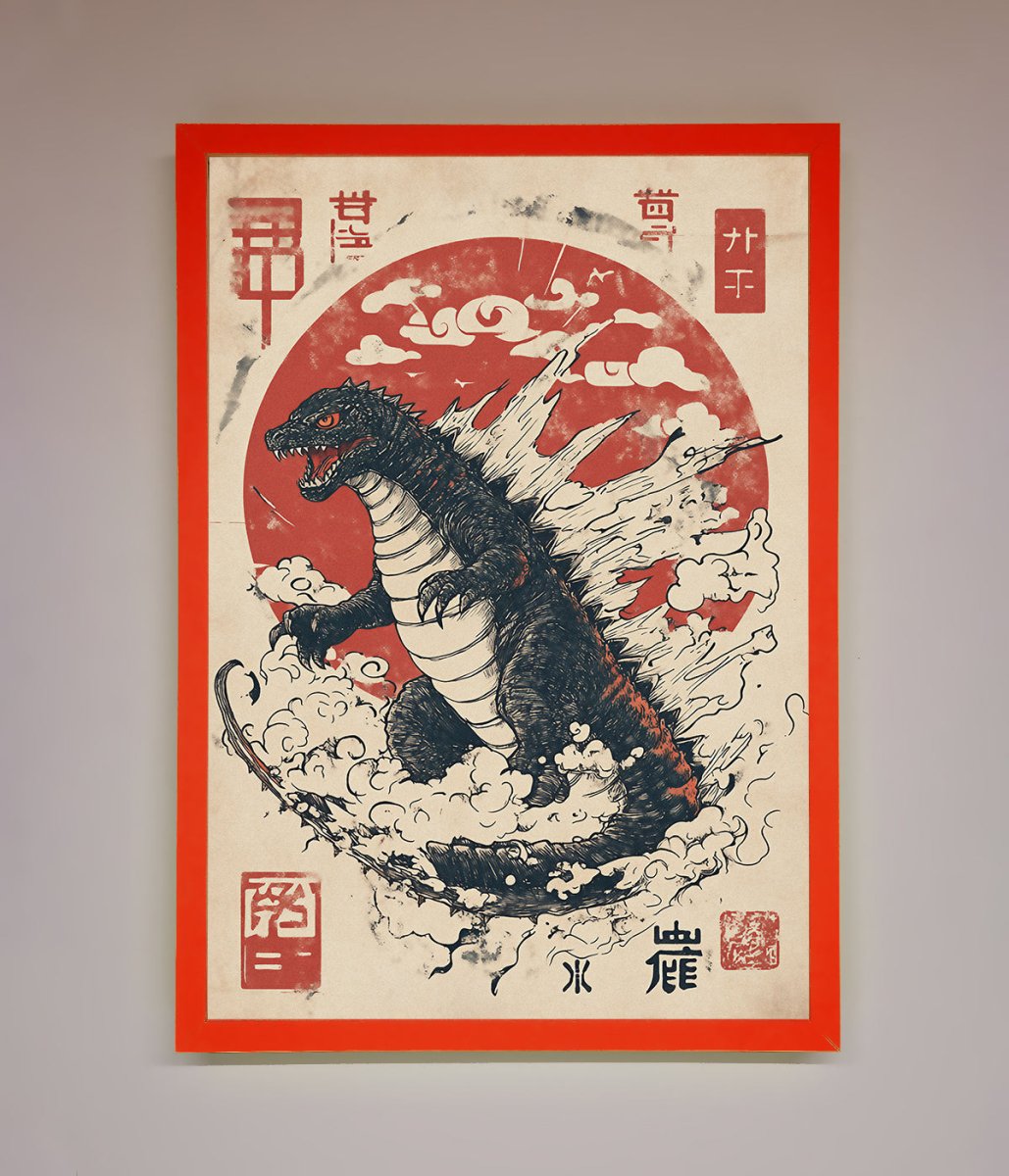 Godzilla Rises Red Sun Framed Poster