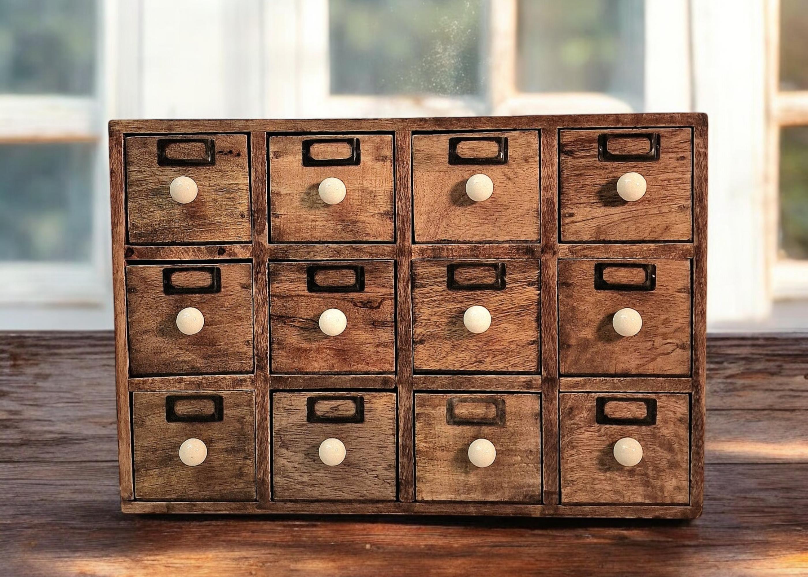 12 Drawer Solid Mango Wood Trinket Chest/Draw With Ceramic Knob Handles-4