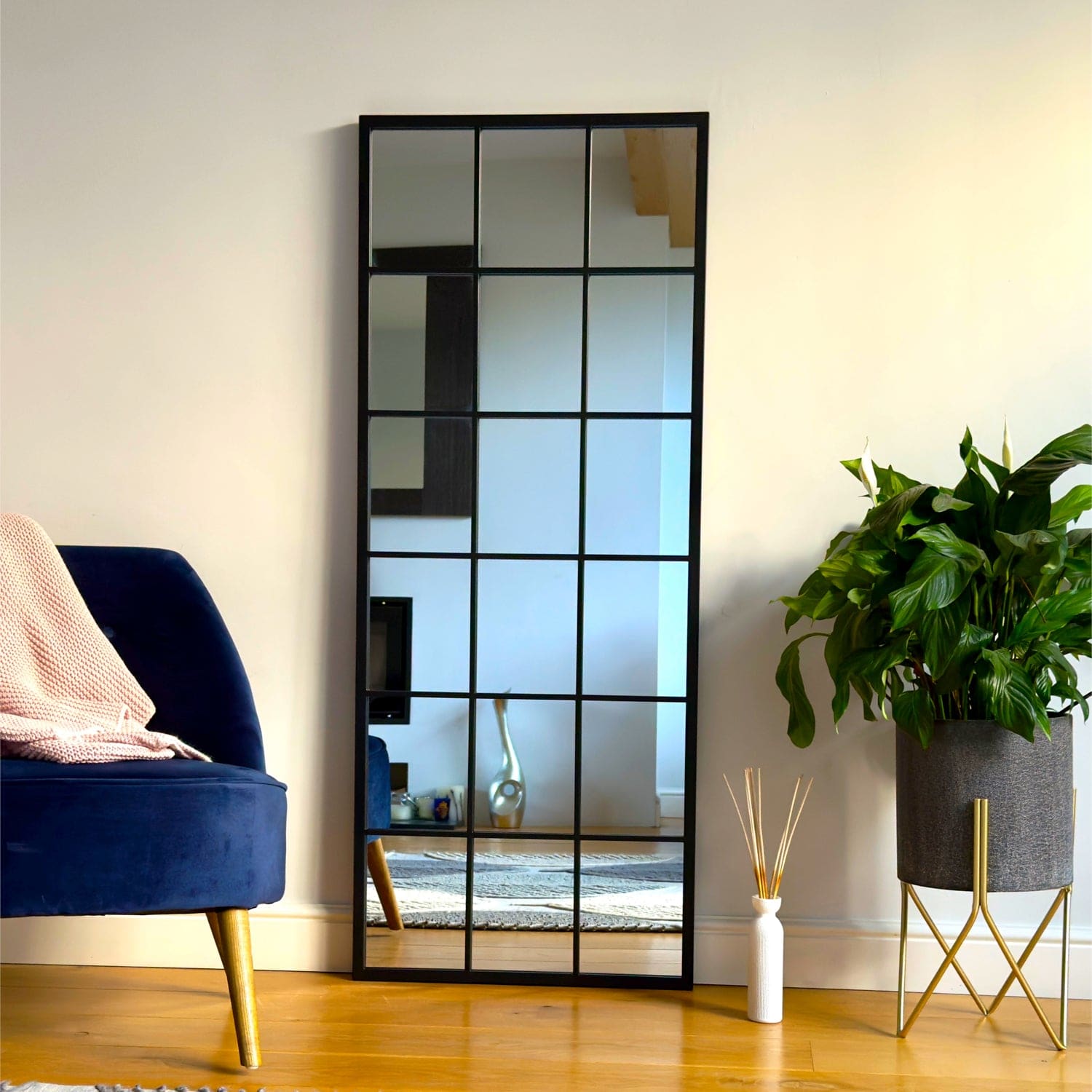 Kyō - Full Length Black Metal Rectangle Lattice Grid Mirror - 150cm x 60cm.-0
