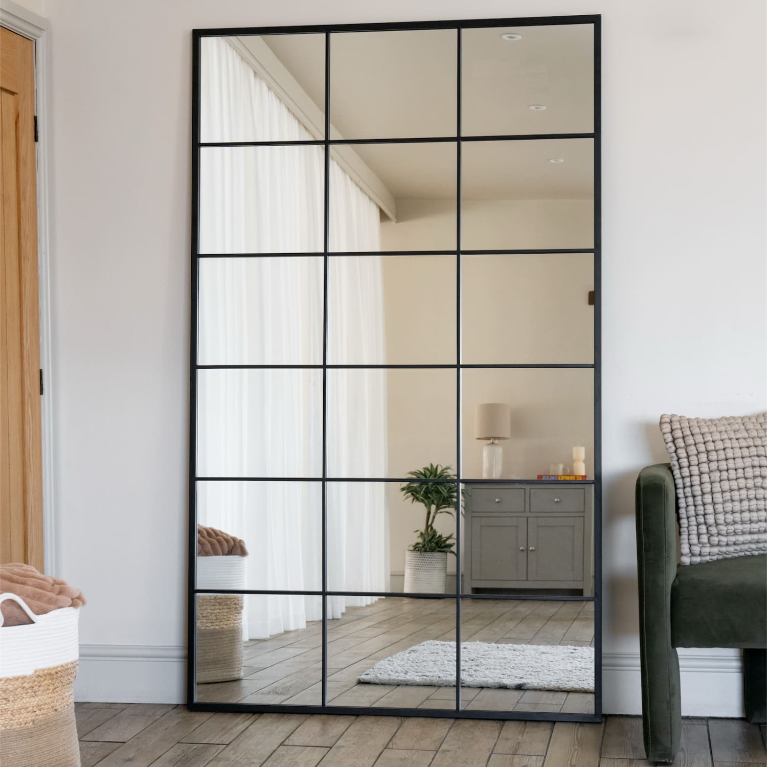 Kyō - Full Length Black Metal Rectangle Lattice Grid Mirror - 180cm x 105cm-0