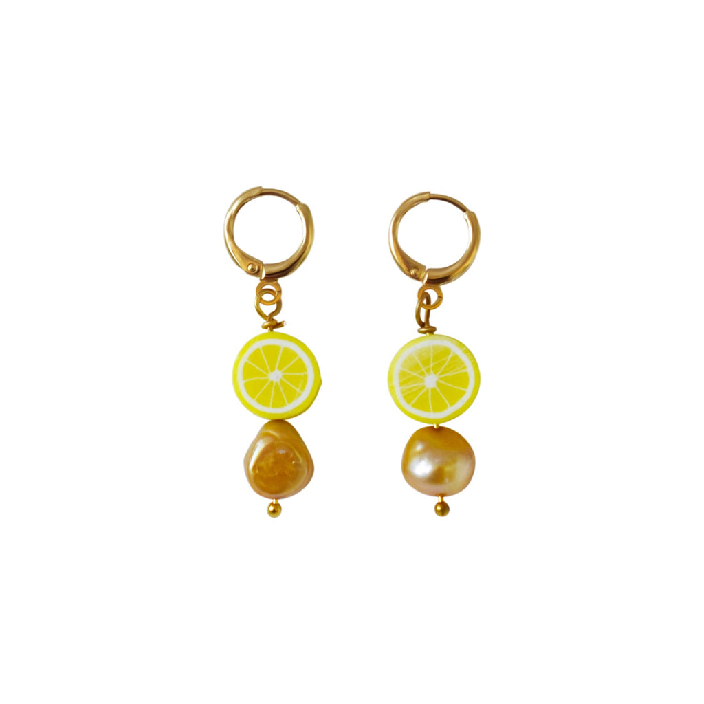 Gold freshwater pearl with lemon huggie earrings| by Ifemi Jewels-0