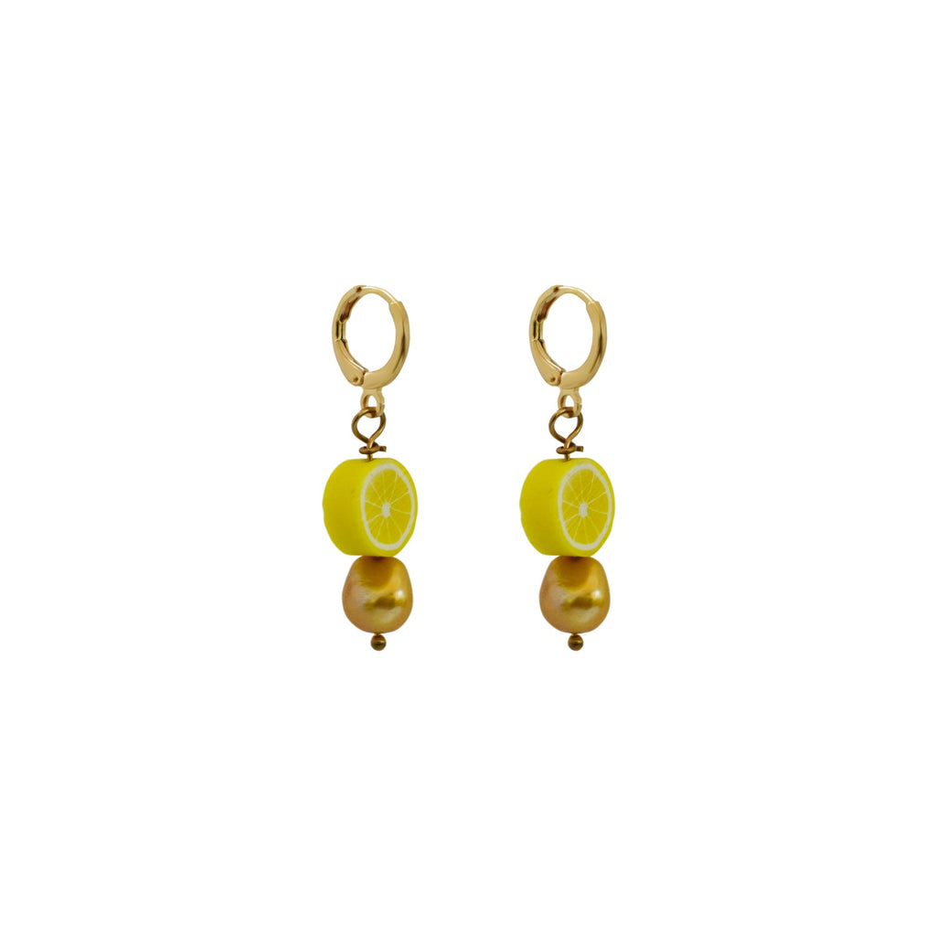 Gold freshwater pearl with lemon huggie earrings| by Ifemi Jewels-1