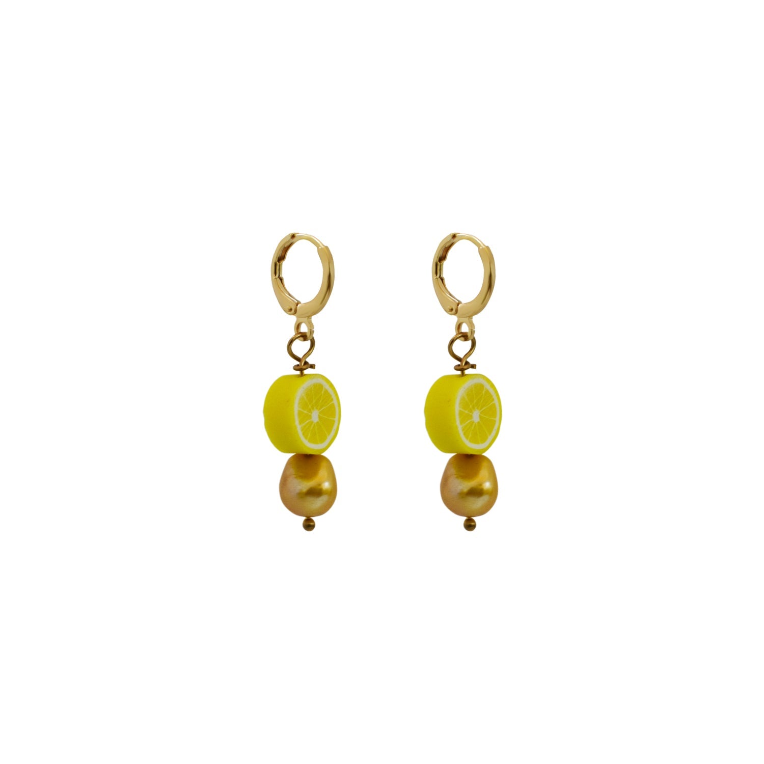 Gold freshwater pearl with lemon huggie earrings| by Ifemi Jewels-1