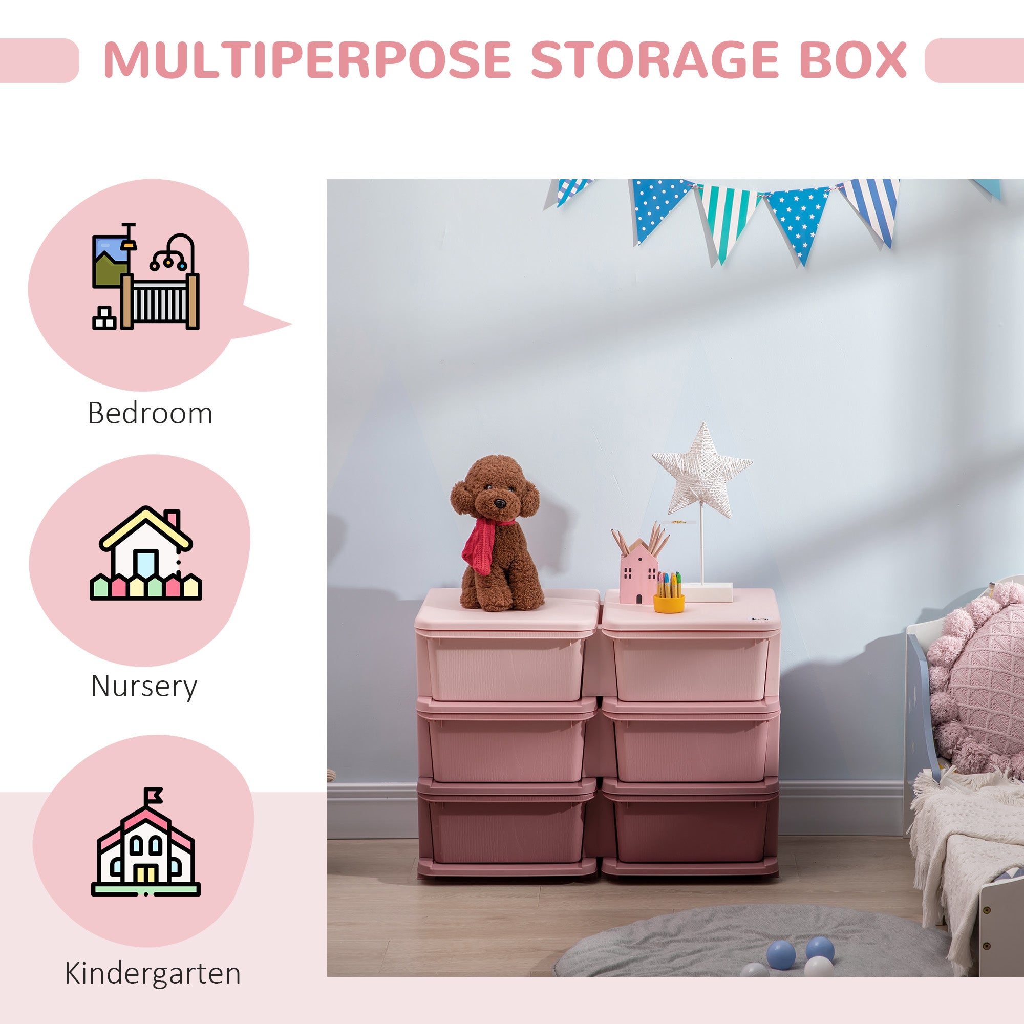 Kids Storage Units with 6 Drawers, 3 Tier Kids Toy Storage Organizer, Vertical Dresser Tower for Nursery Playroom Kindergarten, Pink-4