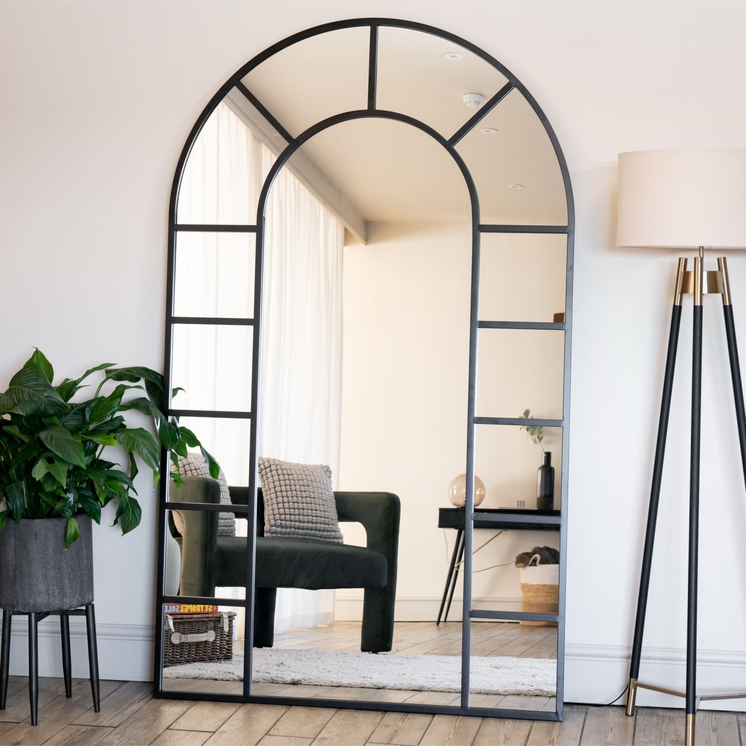 Mio - Full Length Black Metal Arched Window Mirror - 180cm x 105cm.-0