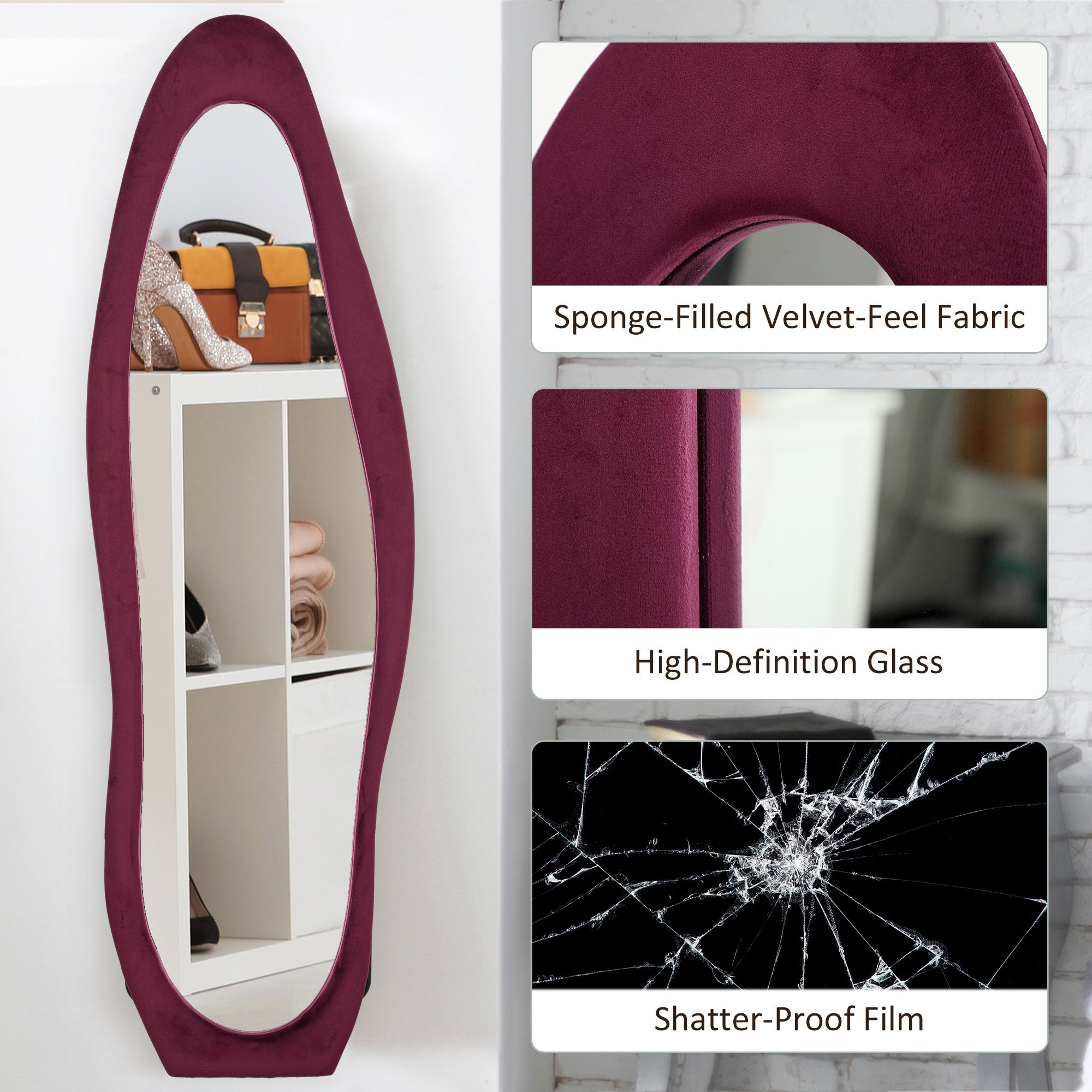 Wavy Velvet-Feel Full Length Mirror - Wine Red-4