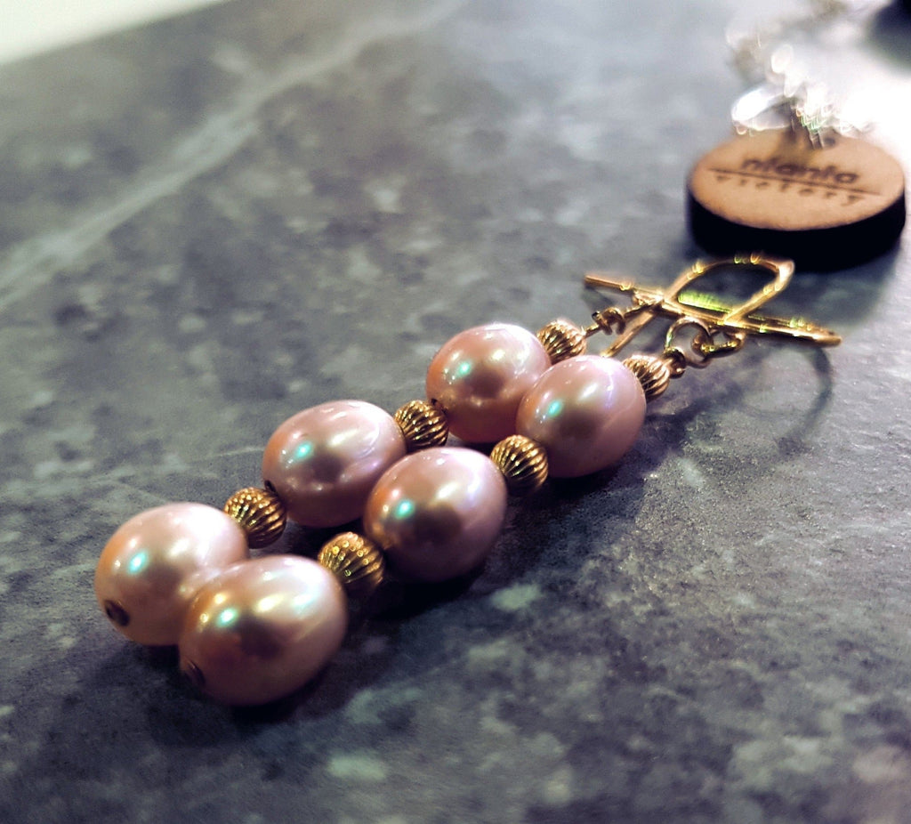 Pink Freshwater Pearl Earrings, Pearl Drop Earrings, Yellow 9k Gold earrings | by nlanlaVictory-3