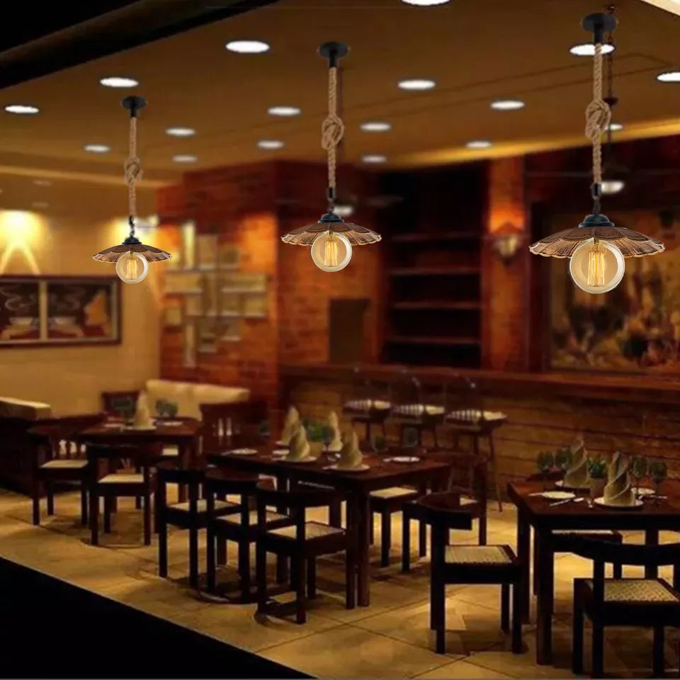 Vintage Industrial Hemp Rope Metal Shade Pendant Lights ~ 5444-0