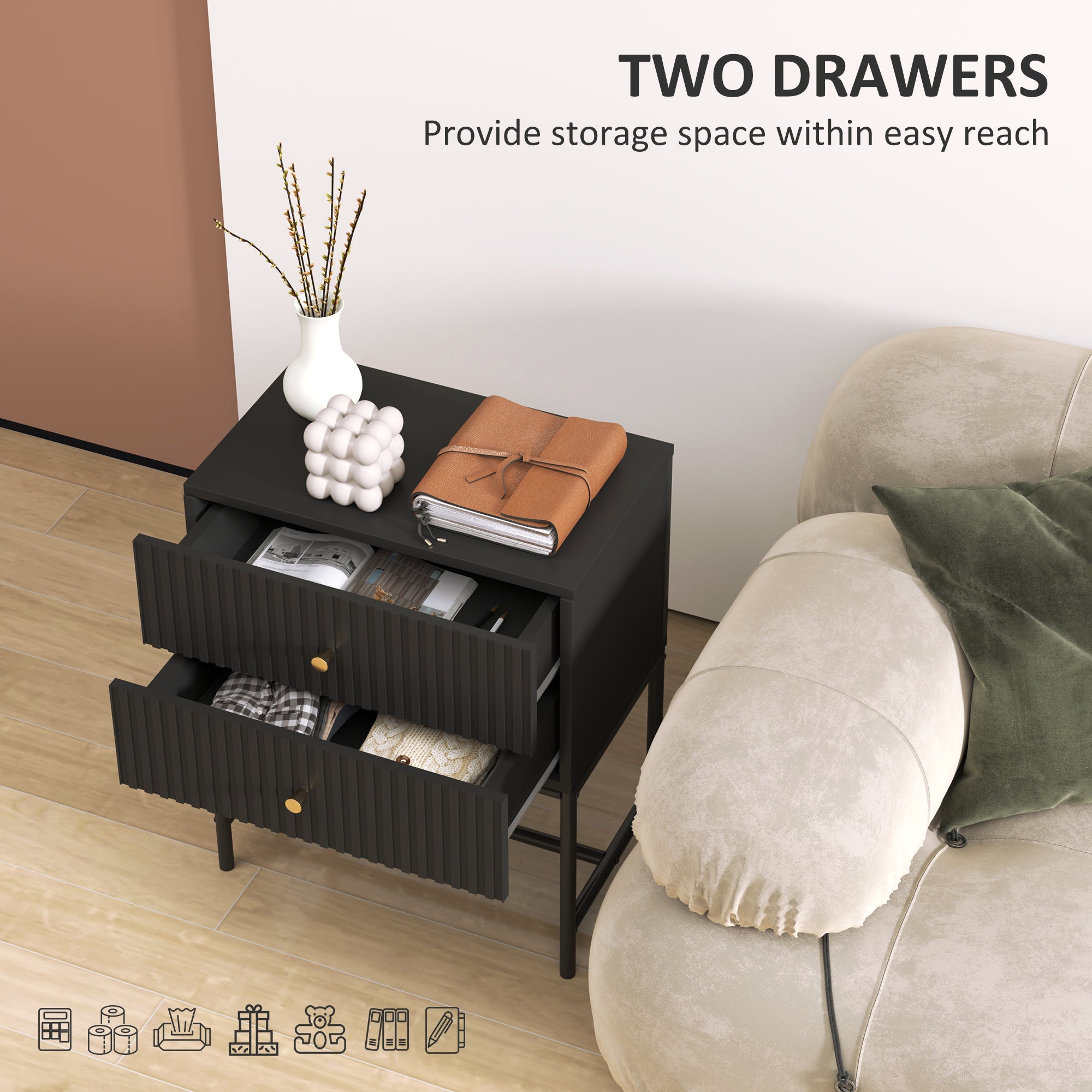 Elegant Two-Drawer Bedside Table - Black-4